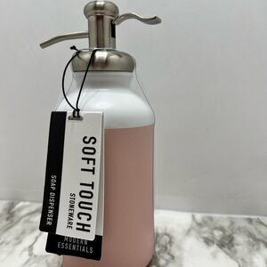 NWT Soft touch stoneware pink/mauve with white modern essentials soap dispenser